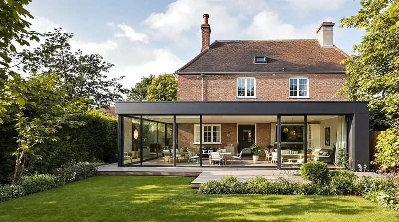 Maison en briques avec une extension vitrée donnant sur le jardin
